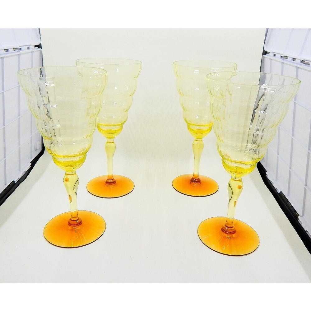 Utility Glass Works Cambodia Ware Vaseline Amber Foot Wine Water Goblet Pair 4
